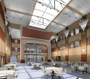 Click to see Student Commons during the day and completed Schematic Design